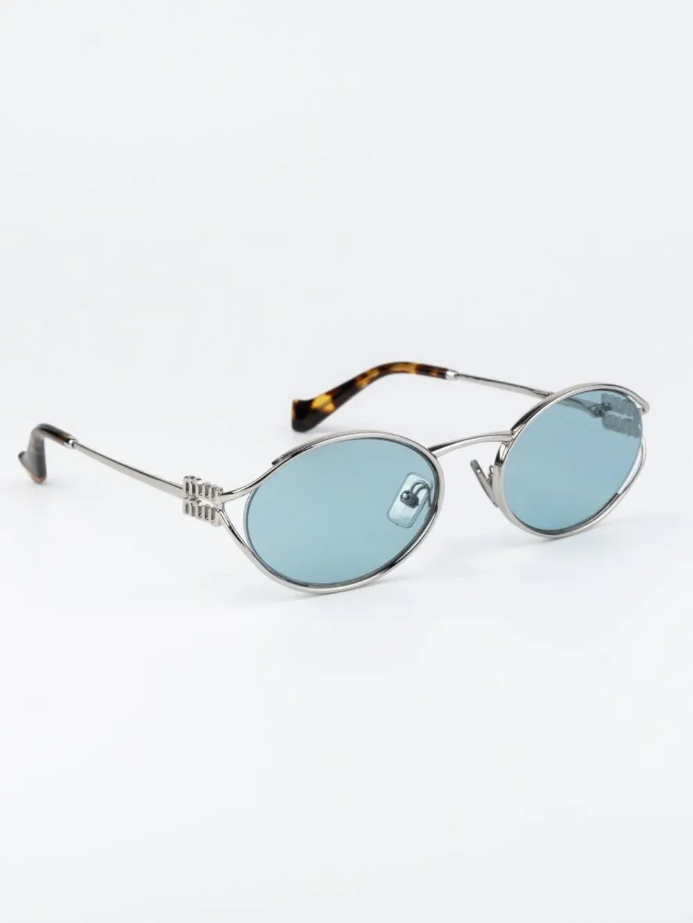 Miu Miu Women Sunglasses LOGO Silver Blue Oval MU52YS 1BC20R NEW AUTHENTIC